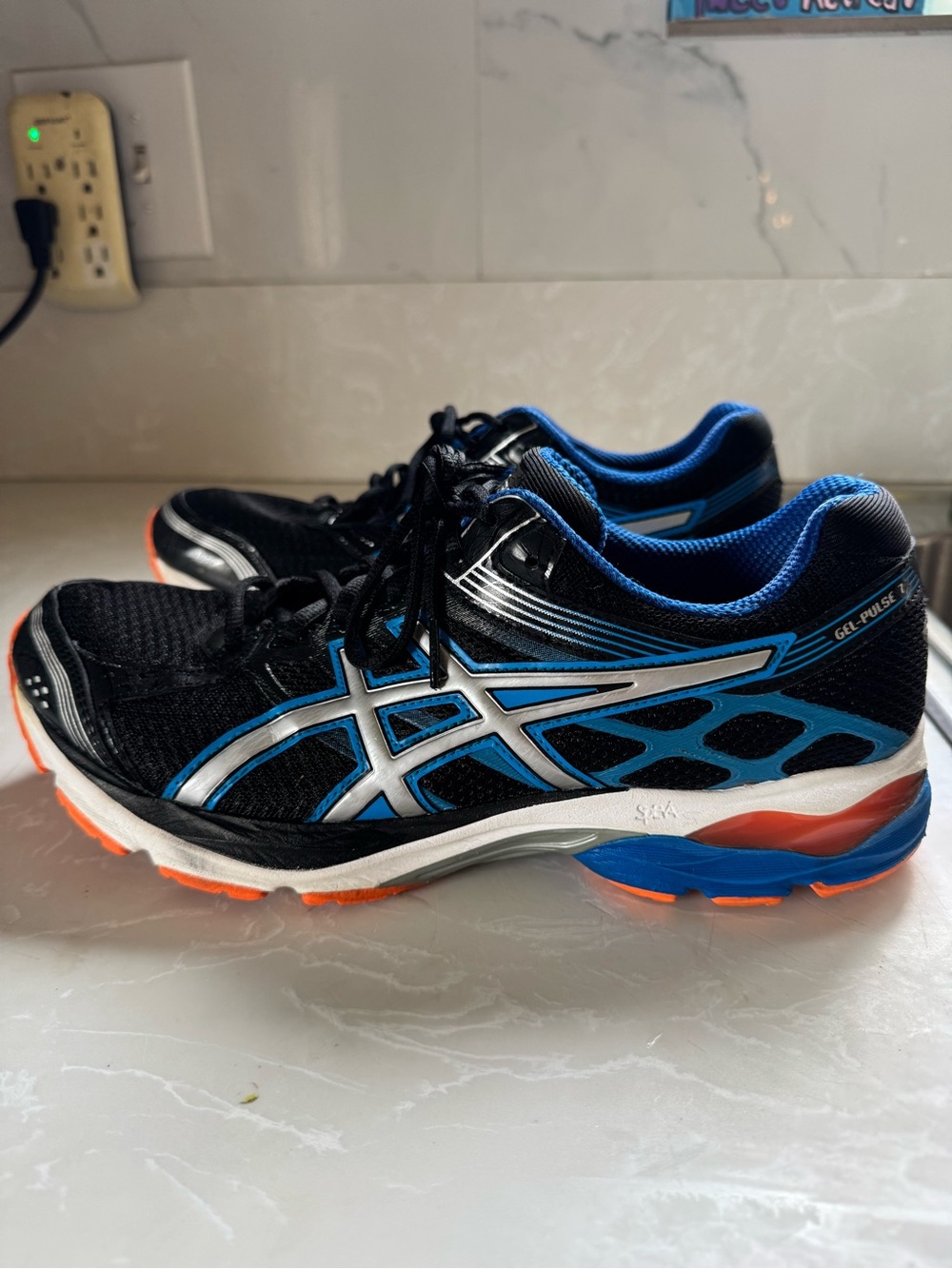 Asics Black Athletic Shoes with Blue and Orange Accents